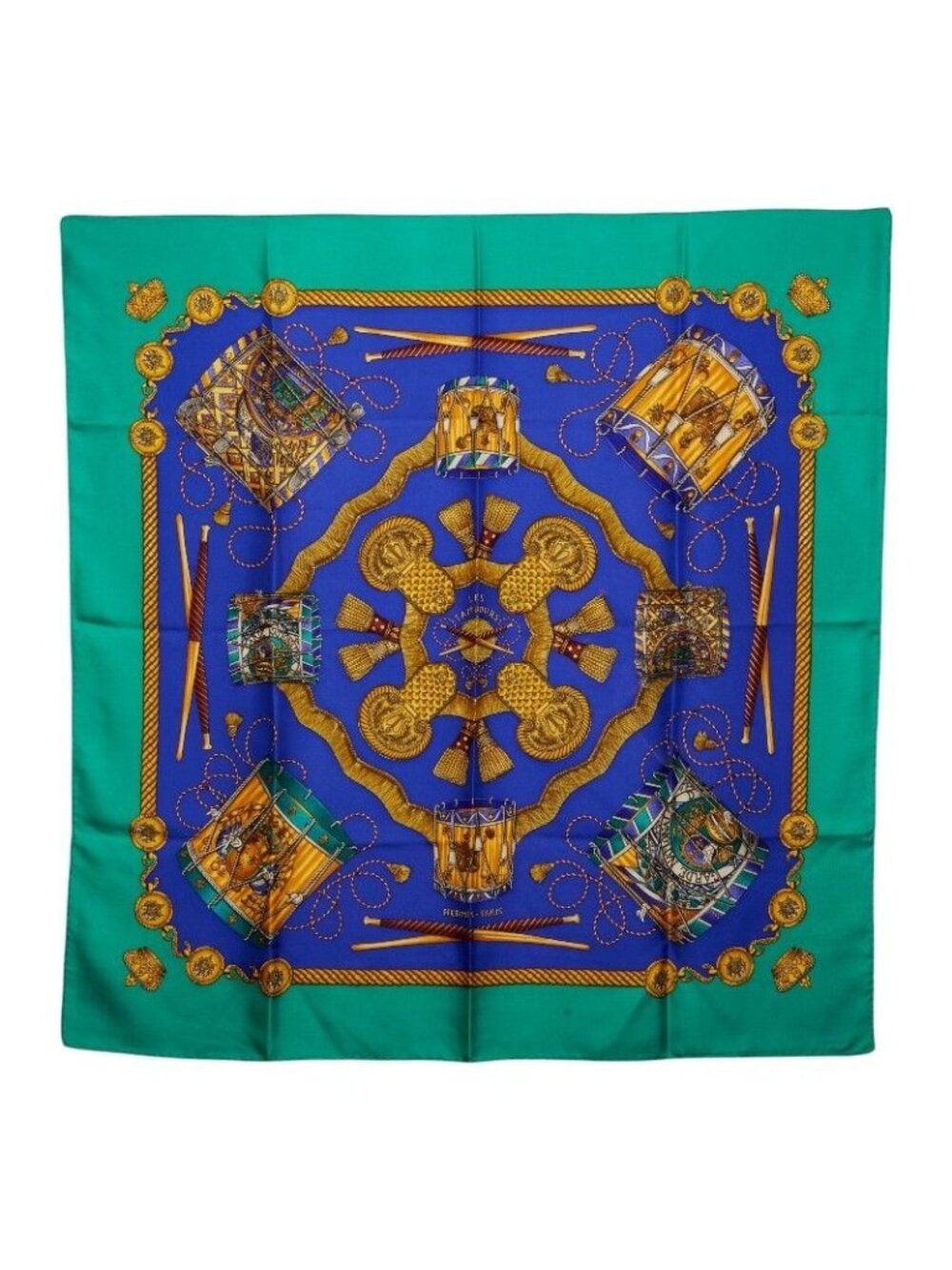 Hermes Carre 90 les Tambours Drum Scarf Green Blue Multicolor Silk - Picture 1 of 4